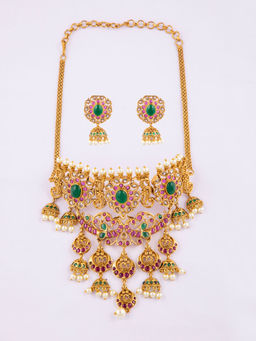 Niscka - 24K Gold Plated Pink and Green Emerald Peacock Jewellery Set