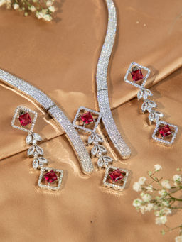 Niscka - Rhodium Plated Pink and White Stones Jewellery Set