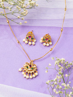 Niscka - 24K Gold Plated Pink Green and White Stones Jewellery Set