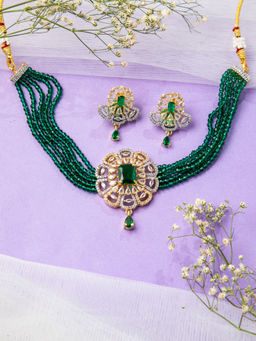 Niscka - 18K Gold Plated Green Beads Jewellery Set