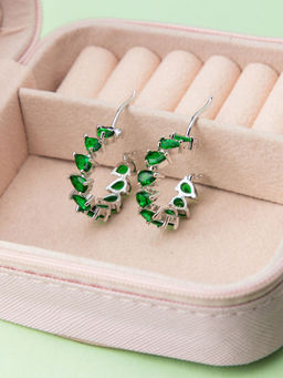 Niscka - Rhodium Plated Water Drop Green Stone Hoop Earrings