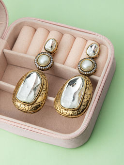 Niscka - Ethnic Gold Plated Pearl Kundan Long Earrings