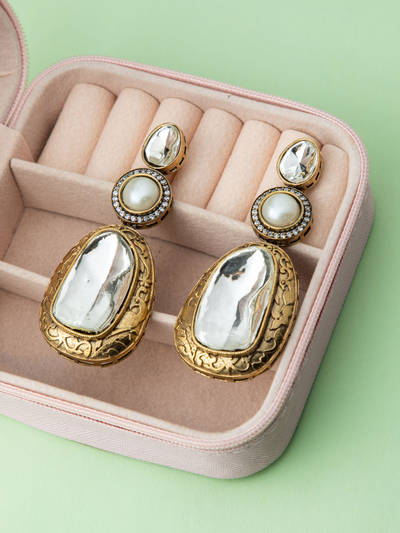 Ethnic Gold Plated Pearl Kundan Long Earrings