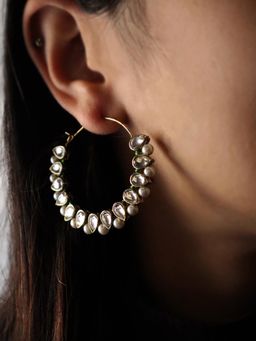 PAYA - Pear Kundan Beaded Hoops - White