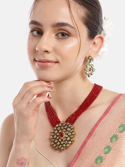 Gahan - Kundan Pendant Red Beads Necklace with Earrings