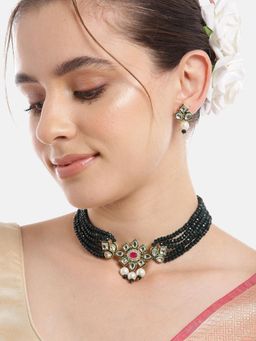 Gahan - Kundan Pendant Green Pearl Necklace with Earrings