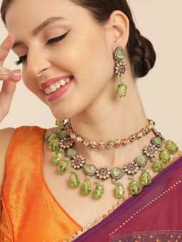 Gahan - AD & Kundan Stud Black Gold Polish Layered Princess Necklace with Earrings