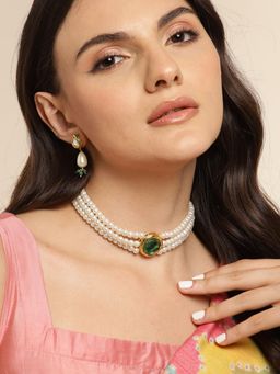 Gahan - Green Pendant Pearl Choker Necklace with Earrings