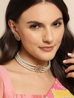 Gahan - Kundan Pendant Pearl Choker Necklace with Earrings