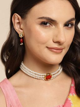 Gahan - Red Pendant Pearl Choker Necklace with Earrings