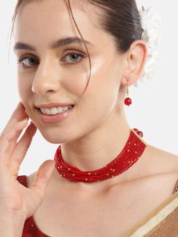 Gahan - Red Beads Layered Choker Necklace with Earrings