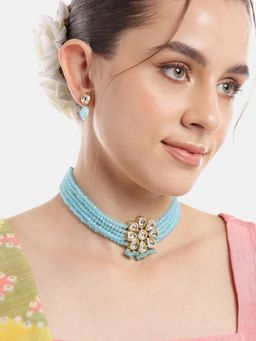 Gahan - Blue Kundan Layered Chokar Necklace with Earrings