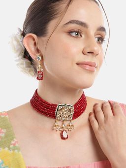 Gahan - Red Kundan Layered Choker Necklace with Earrings