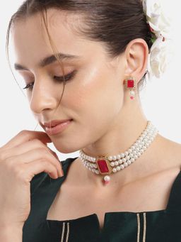 Gahan - Red AD Kundan Layered Choker Necklace with Earrings