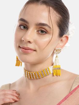 Gahan - Yellow Layered Beads Kundan Pearl Necklace with Earrings