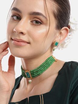 Gahan - Green AD Kundan Layered Choker Necklace with Earrings
