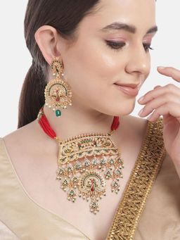 Gahan - Peacock Design Green Rajputi Style Choker Necklace with Earrings