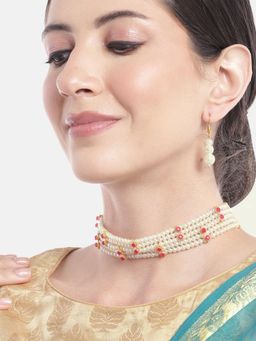 Gahan - Red Beads Pearl Stylish Choker Necklace with Earrings