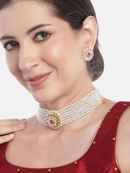 Gahan - Golden Red Stone & Kundan Pendant White Pearl Choker Necklace with Earrings