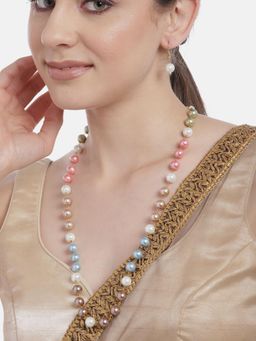 Gahan - Multi-Color Round Pearl Long Mala Necklace with Earrings