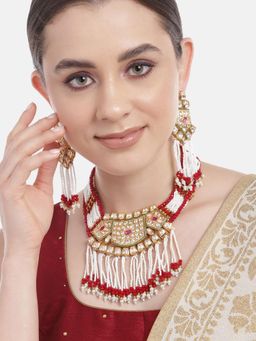 Gahan - Kundan Red Drop Layered Premium Golden Princess Necklace with Earrings