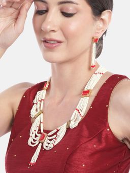 Gahan - Red Stone AD & Beads Drop Layered Golden Princess Necklace with Earrings