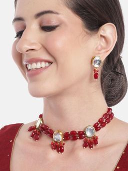 Gahan - Kundan Layered Maroon Charm Pendent Beads Princes Necklace & Earrings
