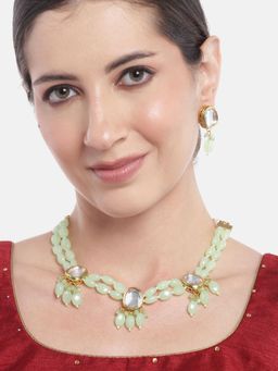 Gahan - Kundan Layered Mint Green Charm Pendent Beads Princes Necklace & Earrings