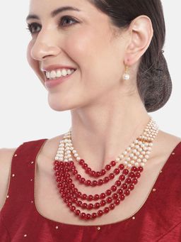 Gahan - Maroon & Golden Pearl Layer Necklace with Earrings