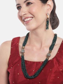 Gahan - Dark Green Layered Stone Beads Necklace with Earrings