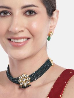 Gahan - Kundan Floral Layered Green Choker Necklace with Earrings