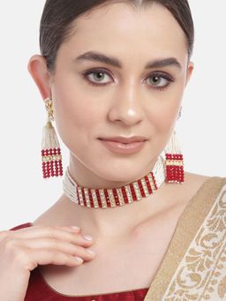 Gahan - Red Layered Beads Kundan Pearl Choker with Earrings