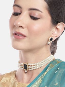Gahan - Black Layered Kundan & AD Choker Necklace with Earrings