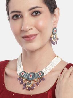Gahan - Navy Blue AD & Pendent Beads Chokar Necklace with Earrings