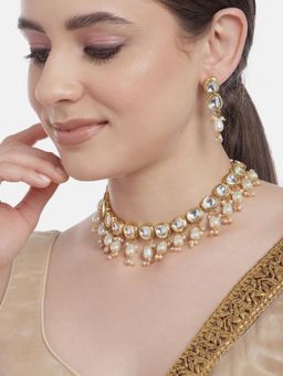 Gahan - Womens Gold-Plated White Beads Kundan Necklace with Earrings