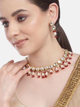 Gahan - Womens Gold-Plated Maroon Beads Kundan Necklace with Earrings
