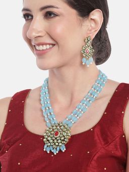 Gahan - Kundan Pendent Sky Blue Beads Necklace with Earrings