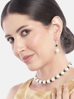 Gahan - Green & White Shell Pearl Mala Princess Necklace with Earrings