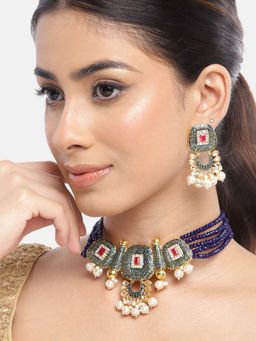 Gahan - Gold-Plated Blue Kundan Jewellery Set