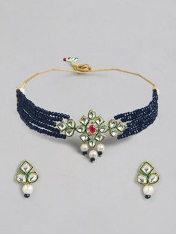 Gahan - Womens Navy Blue Gold-Plated Kundan & AD Studded Choker Necklace with Earrings