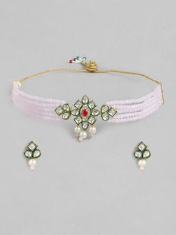 Gahan - Womens White Gold-Plated Kundan & AD Studded Choker Necklace with Earrings