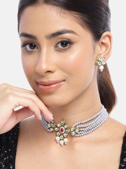 Gahan - Womens Grey Gold-Plated Kundan & AD Studded Choker Necklace with Earrings