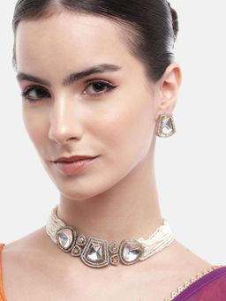 Gahan - White Layered AD Stone Choker Necklace with Earrings