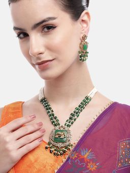 Gahan - Kundan Green Drops Layered Golden Elephant Pendant Necklace with Earrings