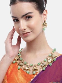 Gahan - Gold-Plated Lotus Kundan Mint Drop Necklace with Earrings