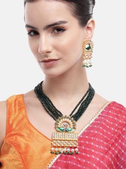 Gahan - Kundan Green Drops Layered Golden Peacock Pendant Necklace with Earrings