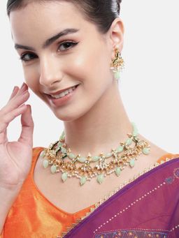 Gahan - Gold-Plated Lotus Kundan Mint Drop Necklace with Earrings