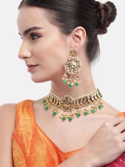 Gahan - Gold-Plated Green Drops Kundan Necklace with Earrings