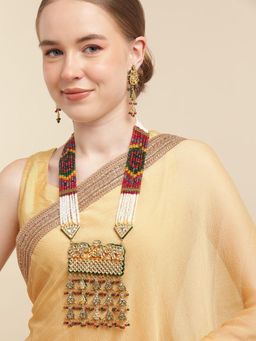Gahan - Kundan Pendant Long Handmade Golden Tone Necklace with Earrings