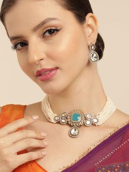 Gahan - Kundan AD Stud Premium Silver Polish Beads Chokar Necklace with Earrings